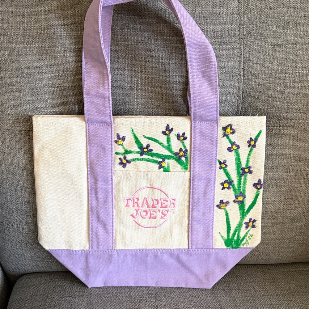 TRADER JOE’s Mini Lavender Canvas Floral Tote Bag w/ Hand Painted Art by:@sail66 - Picture 4 of 7